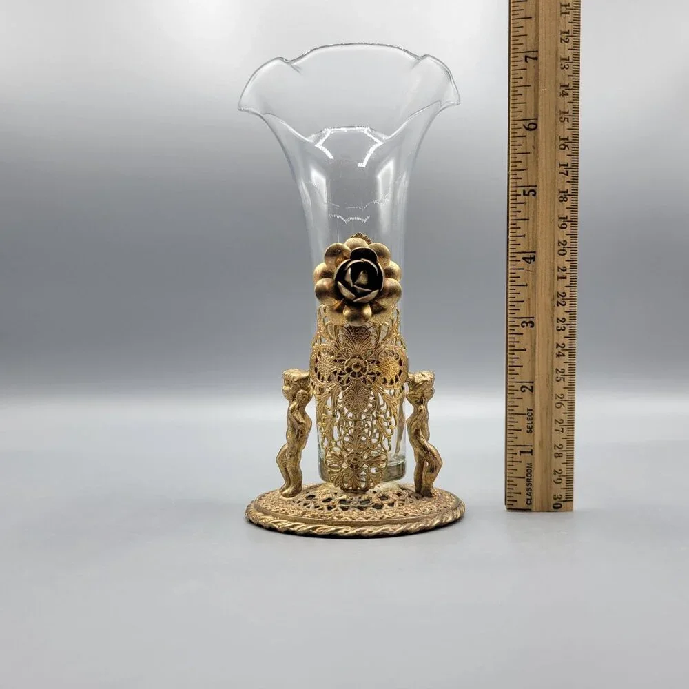 Antique Vintage Gold Brass Filigree Fluted Bud Vases Cherub Figural Design - Picture 16 of 16